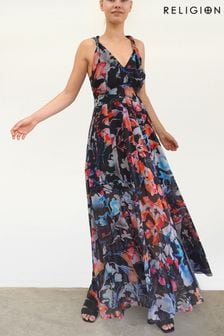 Religion Black Maxi Dress In Hand Painted Prints (K09204) | €65