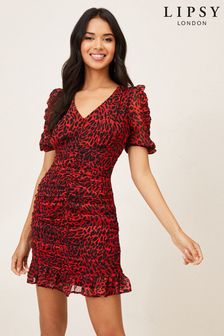 Lipsy Red Leopard Puff Sleeve Ruched Mini Dress (K09226) | €26