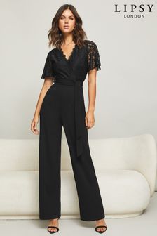 Lipsy Black Lace Summer Wrap Flutter Sleeve Jumpsuit (K09296) | €25