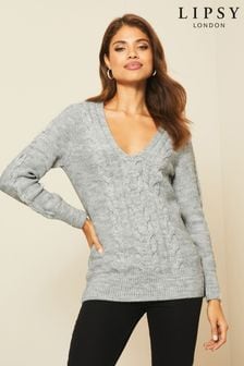 Szary - Lipsy Longline Knitted Cable Jumper (K10038) | 179 zł
