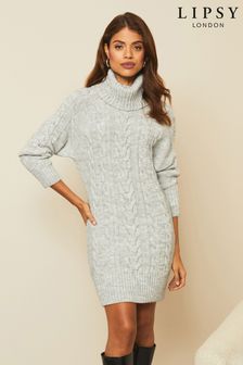 Lipsy Grey Regular Cable Cowl Knitted Jumper Dress (K10039) | CHF 59