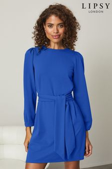 Lipsy Cobalt Blue Regular Long Sleeve Tie Waist Shift Dress (K10527) | DKK284