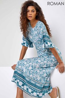 Roman Blue Floral Border Print Midi Dress (K12896) | 54 €