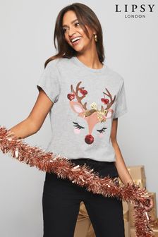 Lipsy Grey Reindeer Regular Christmas T-Shirt (K13160) | €19
