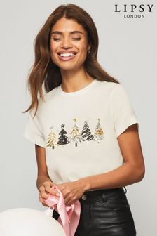 Blanc motif arbres - Lipsy Christmas T-shirt (K13164) | €17