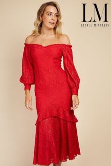 Little Mistress Red Lace Bardot Midi Dress (K13189) | €38