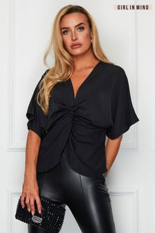 Girl In Mind Black Petite Vera Twist Front Blouse (K13632) | AED177