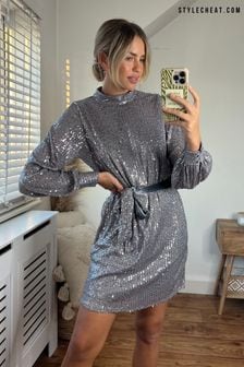 Style Cheat Silver Sequin High Neck Mini Dress (K13903) | €27