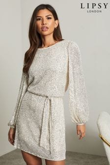 Lipsy Champange Regular Sequin Long Sleeve Shift Dress (K13940) | $92