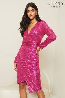 Lipsy Pink V Neck Long Sleeve Bodycon Dress (K14202) | €36