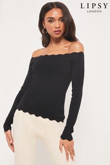 Lipsy Black Scallop Long Sleeve Bardot Knitted Top (K14313) | €46