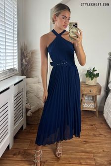 Style Cheat Navy Halter Pleated Belted Maxi Dress (K14569) | $107