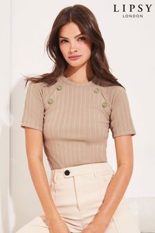Lipsy Camel Crew Neck Button Short Sleeve Rib Top (K14717) | AED70
