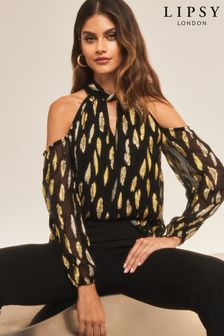 Lipsy Black Foil Metallic Petite Cold Shoulder Long Sleeve Top (K15520) | €16