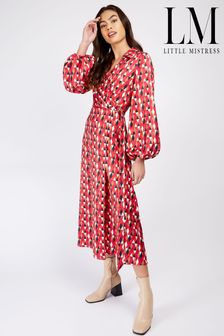 Little Mistress Red Geo Print Satin Wrap D-Ring Midi Dress (K16580) | €54