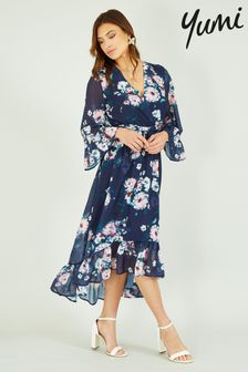 Yumi Blue Watercolour Floral Dip Hem Midi Dress (K16660) | $102