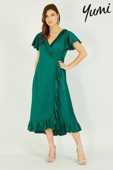 Yumi Green Satin Wrap Midi Dress (K16665) | €37