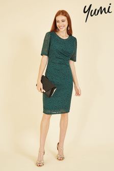 Yumi Forest Green Ruched Lace Dress (K16695) | €34