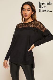Friends Like These Lace Black Soft Jersey Crew Neck Tunic (K16722) | AED72