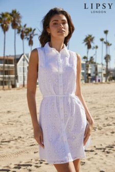 Lipsy White Broderie Petite Sleeveless Tie Waist Mini Shirt Dress (K16957) | €48