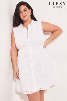 Lipsy White Broderie Curve Sleeveless Tie Waist Mini Shirt Dress (K16958) | €18