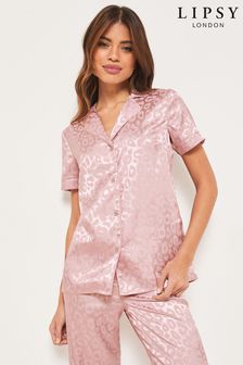 Rose pâle - Ensemble pyjamas chemise et pantalons Lipsy Satin Manche courte (K17614) | €44