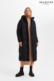 Selected Femme Black Longline Down Padded Hooded Puffer Jacket (K17820) | €138