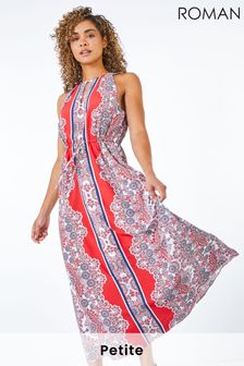 Roman Red & Blue Petite Paisley Halterneck Maxi Dress (K18044) | kr779