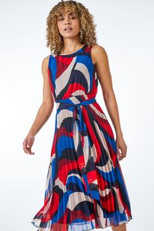 Roman Red & Blue Petite Pleated Print Midi Dress (K18051) | kr920