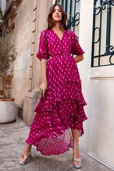 Love & Roses Pink Metallic Ruffle Maxi Dress (K18382) | $105