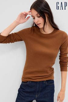 Brązowy - Prążkowana koszulka z długim rękawem Gap z okrągłym dekoltem (K18610) | 115 zł