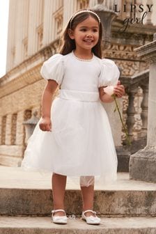 Lipsy Ivory Puff Sleeve Occasion Dress (3yrs-16yrs) (K18706) | €67 - €78