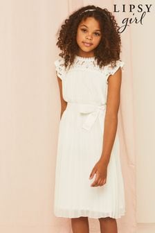 Lipsy White Lace Yolk Pleated Occasion Dress (K18714) | €17 - €20