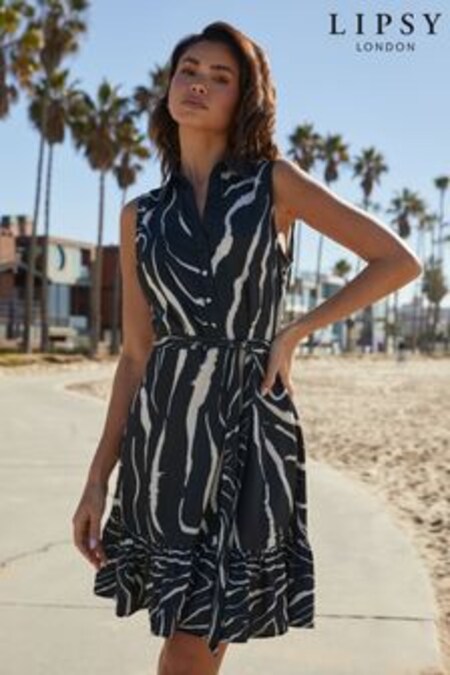 Lipsy Monochrome Animal Sleeveless Tiered Belted Shirt Dress (K19963) | €50