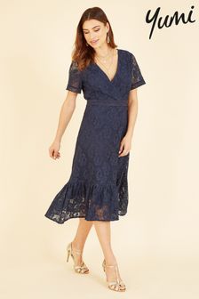 Темно-синий - Приталенное платье Миди Оборка края Yumi Кружево (K20102) | €44