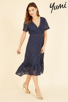 Yumi Navy Blue Lace Skater Midi Dress With Ruffle Hem (K20102) | €37