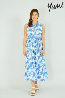 Yumi Blue & White Cotton Printed Tiered Midi Dress (K20106) | €32