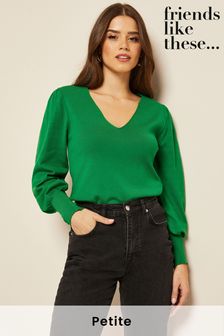 Friends Like These Apple Green Petite Button Cuff V Neck Volume Sleeve Jumper (K20132) | 18 €