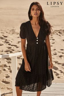 Lipsy Black Petite Broderie V Neck Puff Sleeve Midi Summer Dress (K20195) | kr880