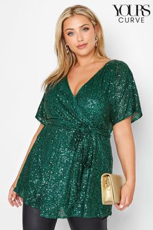 Yours Curve Green London Sequin Wrap Top (K20923) | €32