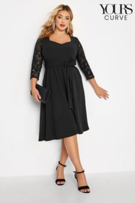 Yours Curve Black London Sequin Lace Sleeve V Neck Skater Dress (K20949) | €39