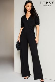 Lipsy Black Petite Short Sleeve Twist Front Jersey Wide Leg Jumpsuit (K21118) | $85
