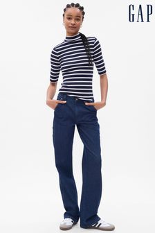 Gap Navy/Blue Ribbed Stripe Short Sleeve Mock Neck T-Shirt (K21119) | kr286
