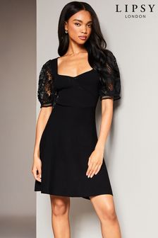 Lipsy Black Petite Lace Fit and Flare Long Sleeve Knitted Dress (K21268) | €57