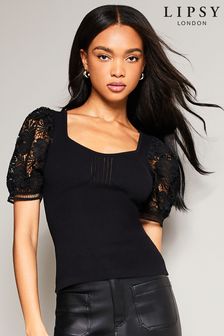 Lipsy Black Petite PU ff Lace Sleeve Square Neck T-Shirt (K21269) | €18