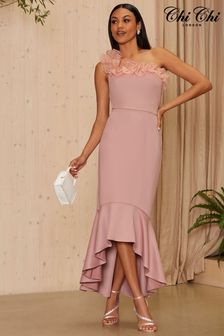 Chi Chi London Pink One Shoulder Organza Bodycon Midi Dress (K21393) | €55
