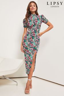 Lipsy Multi Floral Jersey Short Sleeve Ruched Split Midi Dress (K21601) | €24