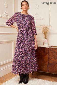 Love & Roses Berry Red Animal 3/4 Sleeve Printed Pleated Belted Midi Dress (K21749) | 55 €