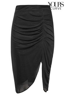 Yours Curve Black London Party Glitter Mesh Ruched Skirt (K22337) | €27