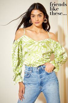 Friends Like These Green Print Long Sleeve Cold Shoulder Blouse (K22664) | €19
